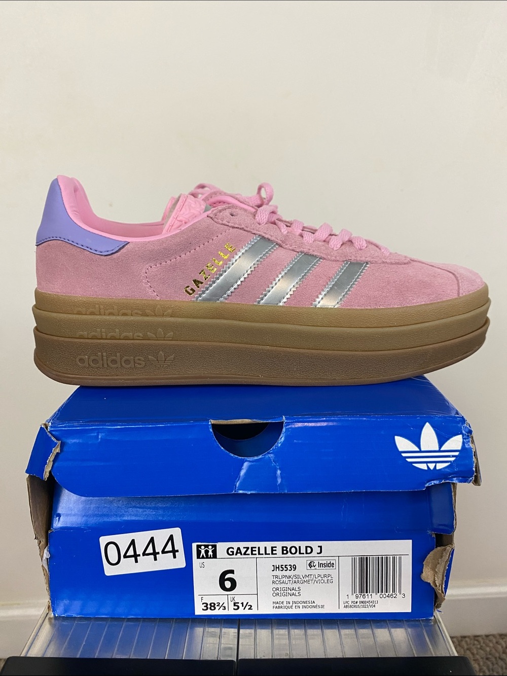 adidas Gazelle Bold J Platform Sneaker - Pink with Silver Stripes